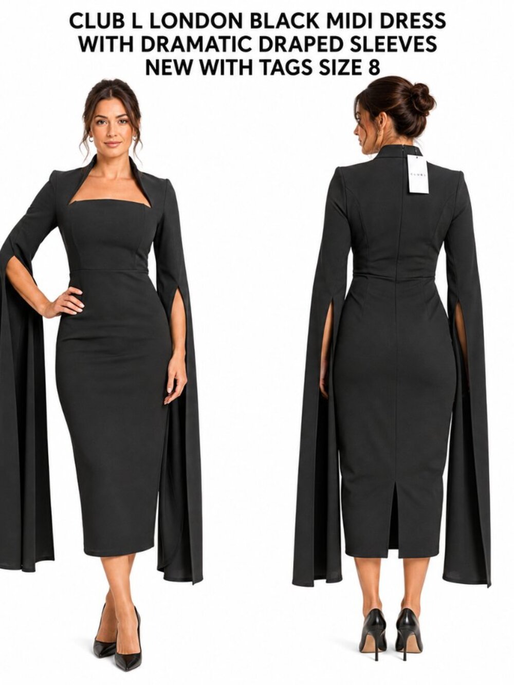 CLUB L LONDON BLACK MIDI DRESS DRAMATIC DRAPED SLEEVES SIZE 8 NWT
